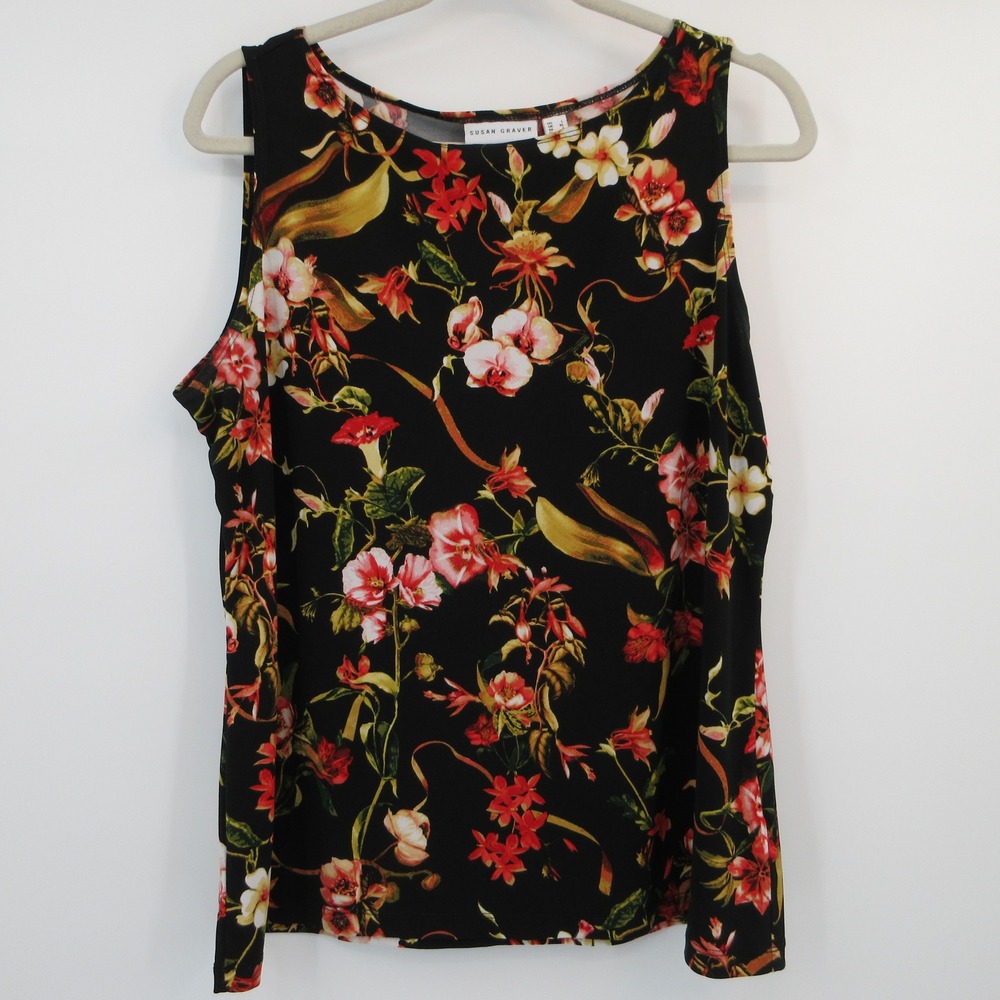 Susan Graver Womens Floral Sleeveless Scoop Neck Tank Top Black Red Large